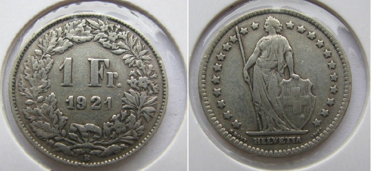 1 Frank AR
Switzerland, 1921, silver 835/1000
23 mm, 5 g
KM# 24