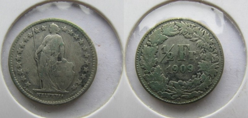 ½ Frank AR
Switzerland, 1909, silver 835/1000
18 mm, 2,50 g
KM# 23