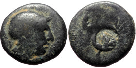 Bronze AE
Unreaserched Greek coin with countermark Athena head right blank except for unidentified round countermark
16 mm, 3,92 g