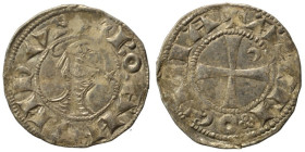 Denier AR
Principality of Antioch. Bohémond III (1163-1201), +BOAMVNDVS Helmeted head of a knight to left flanked by crescent and five-pointed star / ...