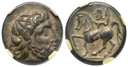 Ostkelten. Pannonien. Typ Zweigarm.

Tetradrachme (Silber). 2. Jhdt. v. Chr.
Vs: Leicht stilisierter Kopf des Zeus mit Lorbeerkranz rechts.
Rs: Le...