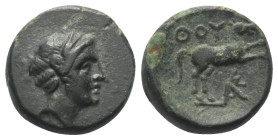Lukanien. Thourioi.

 Bronze. Ca. 280 - 270 v. Chr.
Vs: Kopf des Apollon rechts.
Rs: Pferd nach rechts galoppierend, darunter Monogramm.

14 mm....
