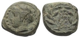 Sizilien. Himera.

 Bronze (Hemilitra). Ca. 415 - 409 v. Chr.
Vs: Weiblicher Kopf mit Sphendone links, davor 6 Wertkugeln.
Rs: Lorbeerkranz, darin...