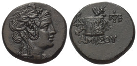 Pontos. Amisos.

 Bronze. Ca. 85 - 65 v. Chr.
Vs: Kopf des Dionysos mit Efeukranz rechts.
Rs: Cista mystica mit Pantherfell und Thyrsos, links und...
