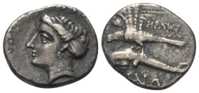 Paphlagonien. Sinope.

 Drachme (Silber). Ca. 330 - 300 v. Chr.
Vs: Kopf der Nymphe Sinope mit Sphendone und Ohrring links, davor Aphlaston.
Rs: A...