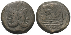 Anonyme Prägungen.

 As (Bronze). 169 - 158 v. Chr. Rom.
Vs: Belorbeerter Doppelkopf des Janus, darüber Wertzahl: I.
Rs: Prora nach rechts, darübe...