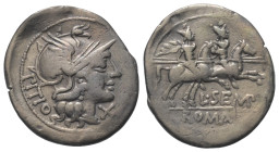 L. Sempronius Pitio.

 Denar (Silber). 148 v. Chr. Rom.
Vs: PITIO. Kopf der Roma mit geflügeltem Helm rechts, davor Wertzeichen.
Rs: L SEMP / ROMA...