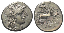 L. Trebanius.

 Denar (Silber). 135 v. Chr. Rom.
Vs: Kopf der Roma mit geflügeltem Helm rechts, dahinter Wertzeichen.
Rs: L TREBANI / ROMA. Jupite...