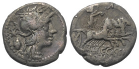 C. Cassius.

 Denar (Silber). 126 v. Chr. Rom.
Vs: Romakopf mit geflügeltem Helm nach rechts, dahinter Wahlurne.
Rs: C CASSI / ROMA. Libertas in Q...
