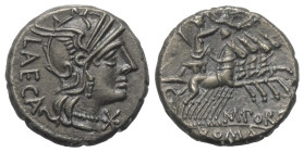 M. Porcius Laeca.

 Denar (Silber). 125 v. Chr. Rom.
Vs: LAECA. Kopf der Roma mit Flügelhelm rechts. Davor Wertzeichen X.
Rs: M. PORC. / ROMA. Lib...