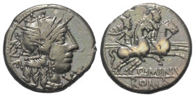 Q. Minucius Rufus.

 Denar (Silber). 122 v. Chr. Rom.
Vs: RVF. Kopf der Roma mit geflügeltem Helm rechts, davor Wertzeichen.
Rs: Q MINV / ROMA. Di...