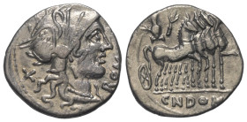 Cn. Domitius Ahenobarbus.

 Denar (Silber). 116 - 115 v. Chr. Rom.
Vs: ROMA. Kopf der Roma mit geflügeltem Helm rechts, dahinter Wertzeichen X.
Rs...
