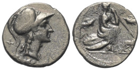 Anonym.

 Denar (Silber). 115 oder 114 v. Chr. Rom.
Vs: ROMA. Romakopf mit korinthischem Helm rechts, im Feld links X.
Rs: Roma mit Lanze auf zwei...