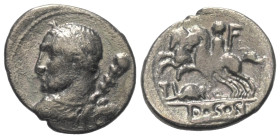Ti Quinctius.

Denar (Silber). 112 oder 111 v. Chr. Rom.
Vs: Büste des Hercules mit Diadem, Keule und Löwenfell in Rückenansicht links.
Rs: TI - Q...