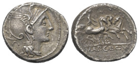 Appius Claudius Pulcher mit T. Manlius Mancinus und Q. Urbinius.

 Denar (Silber). 111 oder 110 v. Chr. Rom.
Vs: Kopf der Roma mit geflügeltem Helm...