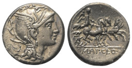 Appius Claudius Pulcher mit T. Manlius Mancinus und Q. Urbinius.

 Denar (Silber). 111 oder 110 v. Chr. Rom.
Vs: Kopf der Roma mit geflügeltem Helm...