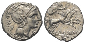 L. Flaminius Chilo.

 Denar (Silber). 109 oder 108 v. Chr. Rom.
Vs: ROMA. Kopf der Roma mit geflügeltem Helm rechts, davor Wertzeichen.
Rs: L FLAM...