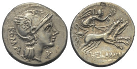 L. Flaminius Chilo.

 Denar (Silber). 109 oder 108 v. Chr. Rom.
Vs: ROMA. Kopf der Roma mit geflügeltem Helm rechts, davor Wertzeichen.
Rs: L FLAM...