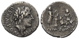 L. Pomponius Molo.

 Denar (Silber). 97 n. Chr. (?). Rom.
Vs: L POMPON MOLO. Belorbeerter Kopf des Apollo rechts.
Rs: NVMA POMPIL. Numa Pompilius ...