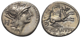 D. Iunius Silanus.

 Denar (Silber). 91 v. Chr. Rom.
Vs: Kopf der Roma mit geflügeltem Helm rechts, dahinter Kontrollmarke.
Rs: D SILANVS L F / RO...