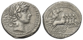 C. Vibius Pansa.

 Denar (Silber). 90 v. Chr. Rom.
Vs: PANSA. Kopf des Apollo mit Lorbeerkranz rechts, davor Kontrollmarke.
Rs: C VIBIVS C F. Mine...