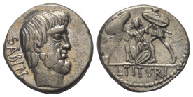 L. Titurius Sabinus.

 Denar (Silber). 89 v. Chr. Rom.
Vs: SABIN. Kopf des Sabinerkönigs Titus Tatius rechts, davor Palmzweig.
Rs: Ermordung der T...