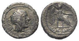 M. Porcius Cato.

 Quinar (Silber). 89 v. Chr. Rom.
Vs: M. CATO. Kopf des Liber mit Efeukranz rechts, darunter Doppelaxt.
Rs: VICTRIX. Victoria mi...