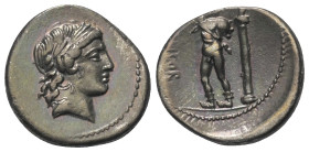 L. Censorinus.

 Denar (Silber). 82 v. Chr. Rom.
Vs: Kopf des Apollo mit Lorbeerkranz rechts.
Rs: L CENSOR. Marsyas mit erhobener Rechter und gesc...