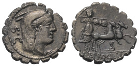 L. Procilius.

 Denar (Silber). 80 v. Chr.
Vs: Kopf der Juno Sospita mit Ziegenfellkappe rechts, dahinter S C.
Rs: L PROCILI F. Juno Sospita mit L...