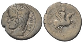 L. Cossutius C. F. Sabula.

Denar (Silber). 74 v. Chr. Rom.
Vs: SABVLA. Kopf der Medusa links.
Rs: [L C]OSSV[TI C F]. Bellerophon mit Szepter auf ...