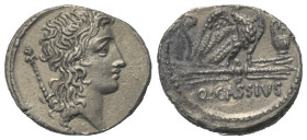 Q. Cassius Longinus.

 Denar (Silber). 55 v. Chr. Rom.
Vs: Kopf des Bonus Eventus (oder des Genius Populi Romani) rechts, im Feld links Szepter.
R...