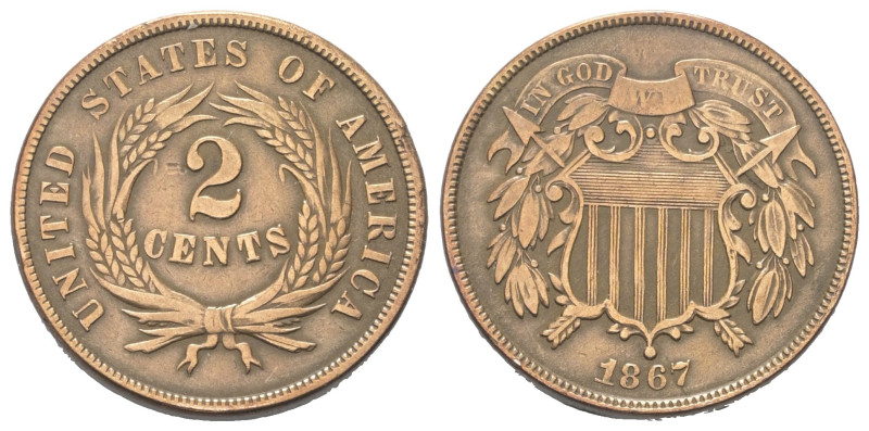 Nordamerika. USA.

 2 Cents (Kupfer). 1867.
Vs: Wappen und Jahr.
Rs: Nominal...