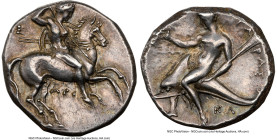 CALABRIA. Tarentum. Ca. 332-302 BC. AR didrachm (20mm, 8.02 gm, 5h). NGC Choice XF 4/5 - 5/5. Ca. 315-302 BC. Ari-, X-, and Kl-, magistrates. Nude war...