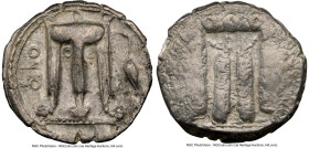 BRUTTIUM. Croton. Ca. 480-430 BC. AR stater (21mm, 11h). NGC Choice VF. ϘPO (retrograde), tripod with leonine feet, heron standing left to right; dott...