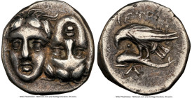 MOESIA. Istrus. Ca. 4th century BC. AR drachm (17mm, 4.52 gm, 12h). NGC VF 5/5 - 3/5. Two male heads facing, the right inverted / IΣTPIH, sea eagle at...