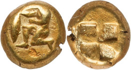 MYSIA. Cyzicus. Ca. 550-450 BC. EL 1/12 stater or hemihecte (7mm, 1.38 gm). NGC VF 2/5 - 3/5, countermark. Nude youth kneeling left, holding tunny fis...