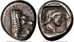 CARIA. Cnidus. Ca. 411-394 BC. AR drachm (16mm, 6.16 gm, 12h). NGC Choice VF 4/5 - 5/5. Forepart of lion right / Head of Aphrodite right, hair bound i...