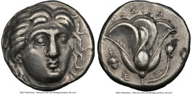 CARIAN ISLANDS. Rhodes. Ca. 305-275 BC. AR didrachm (17mm, 12h). NGC XF. Head of Helios facing, turned slightly right, hair parted in center and swept...