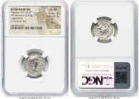 Tiberius (AD 14-37). AR denarius (19mm, 3.73 gm, 4h). NGC Choice XF 4/5 - 3/5, marks. Lugdunum, ca. AD 15-18. TI CAESAR DIVI-AVG F AVGVSTVS, laureate ...