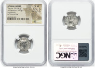 Tiberius (AD 14-37). AR denarius (13mm, 3.70 gm, 6h). NGC Choice VF 3/5 - 3/5. Lugdunum, ca. AD 15-18. TI CAESAR DIVI-AVG F AVGVSTVS, laureate head of...