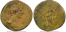 Hadrian (AD 117-138). AE sestertius (33mm, 22.10 gm, 6h). NGC Choice XF 4/5 - 2/5. Rome, AD 118. IMP CAESAR TRAIANV-S HADRIANVS AVG, laureate bust of ...