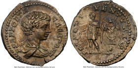 Geta, as Caesar (AD 209-211). AR denarius (18mm, 3.09 gm, 6h). NGC AU 5/5 - 4/5. Rome, AD 200-202. P SEPT GETA-CAES PONT, bare-headed, draped bust of ...