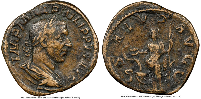 Philip I (AD 244-249). AE sestertius (31mm, 22.40 gm, 7h). NGC VF 5/5 - 2/5. Rom...