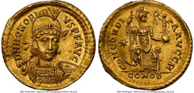 Honorius, Western Roman Empire (AD 393-423). AV solidus (20mm, 4.46 gm, 6h). NGC Choice AU 5/5 -2/5, edge bend, marks, edge filing. Constantinople, 8t...