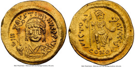 Justin II (AD 565-578). AV solidus (21mm, 4.47 gm, 5h). NGC XF 5/5 - 1/5, slight bend, smoothing. Constantinople, 6th officina. D N I-VSTI-NVS PP AVG,...