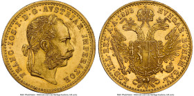 Franz Joseph I gold Ducat 1883 UNC Details (Obverse Damage) NGC, Vienna mint, KM2267, Fr-493. Flashy, prooflike lower fields showcase the details foun...