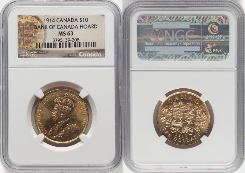 George V gold 10 Dollars 1914 MS63 NGC, Ottawa mint, KM27, Fr-3. Bank of Canada ...