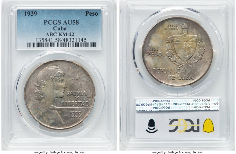 Republic Pair of Certified Assorted Pesos PCGS. 1) "ABC" Peso 1939 AU58 PCGS, KM...