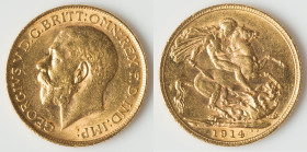 George V gold Sovereign 1914-P AU, Perth mint, KM29, Fr-39, S-4001. 27mm. 8.00gm. HID09801242017 © 2024 Heritage Auctions | All Rights Reserved