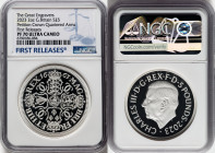 Charles III silver Proof "Petition Crown - Quartered Arms" 5 Pounds (2 oz) 2023 PR70 Ultra Cameo NGC, Mintage: 3,260. Great Engravers series. Reverse ...